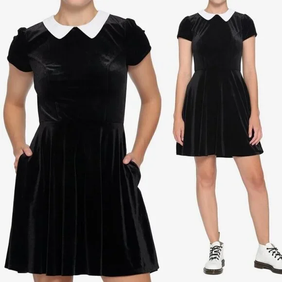 Hot Topic Black & White Collar Velvet Mini Dress Women's Size XXL Fit & Flare - Picture 2 of 11